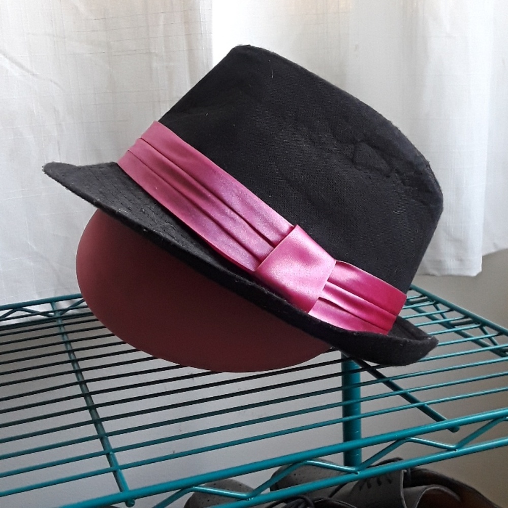 Wet Seal Black Fedora with Pink Satin Ribbon